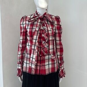 Designer Jill Stuart Plaid Blouse with Tie and Ruffles